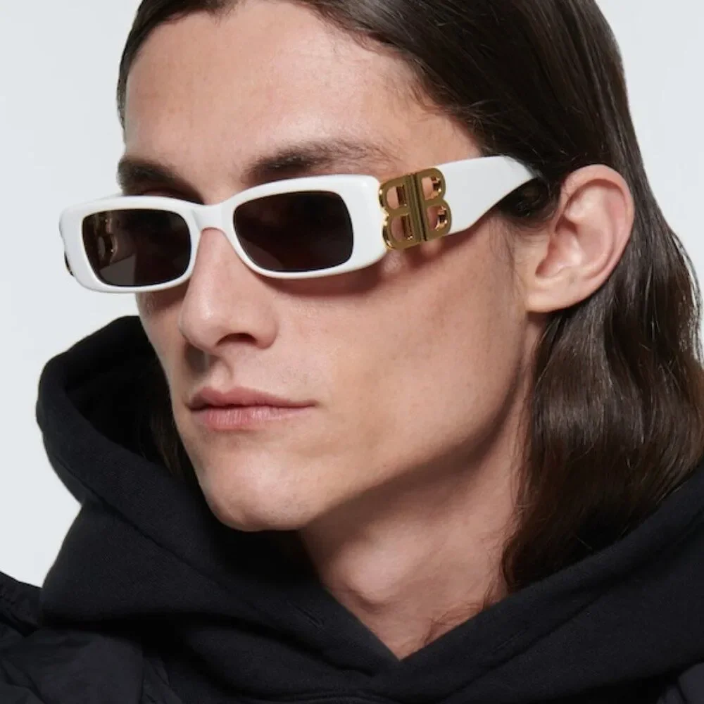 SALE! NEW Balenciaga BB0096S 011 White Gold Grey Rectangle Unisex Sunglasses